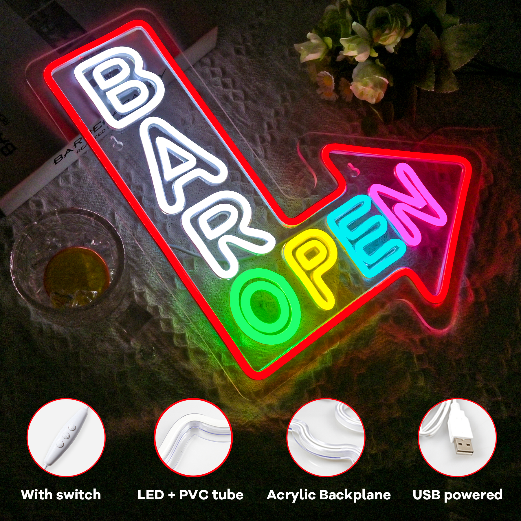 Bar Open Arrow Neon Sign Mix C - огляд і ціна Home Gym Aesthetic